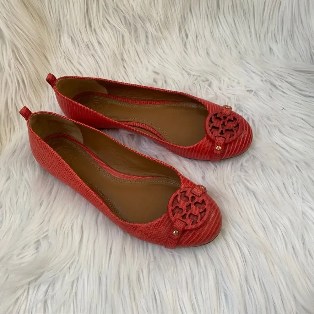 Tory Burch coral Mini Miller lizard flats 7.5